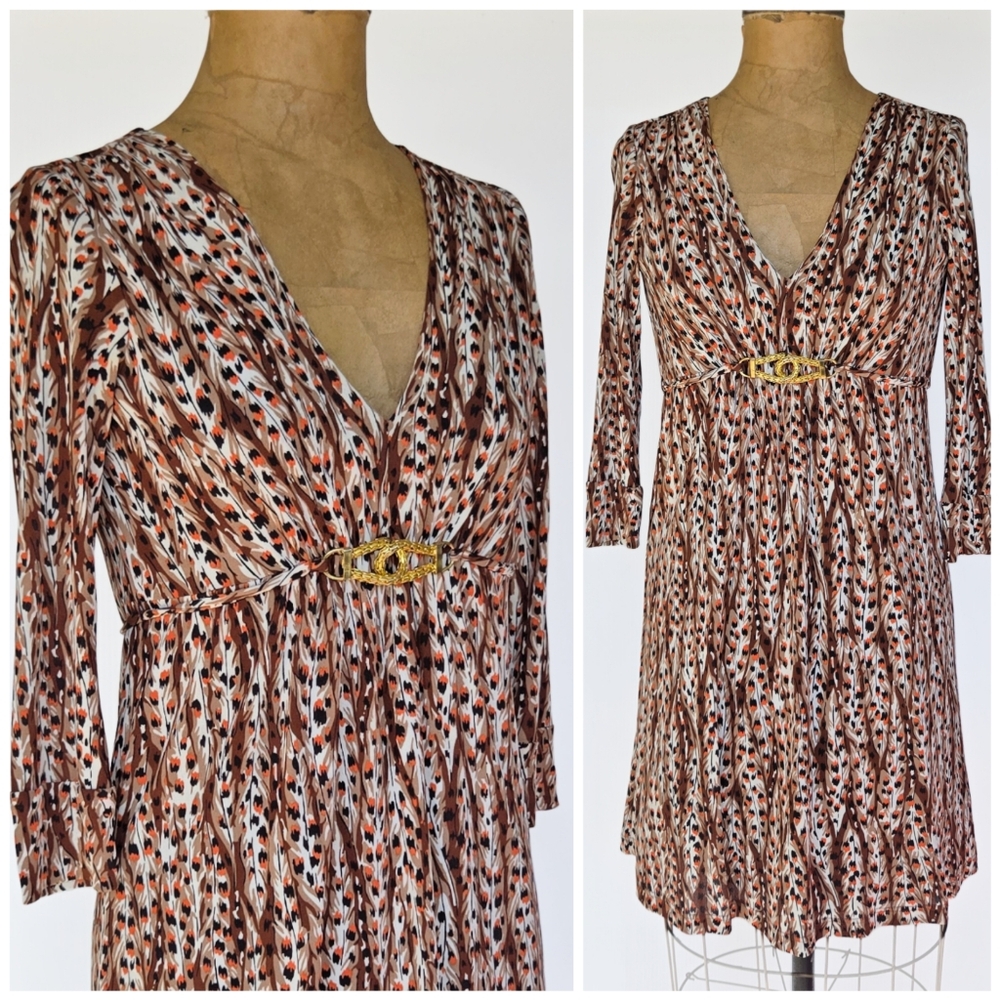 Vintage Milly Silk Feather Gold Empire Waist Dress, P